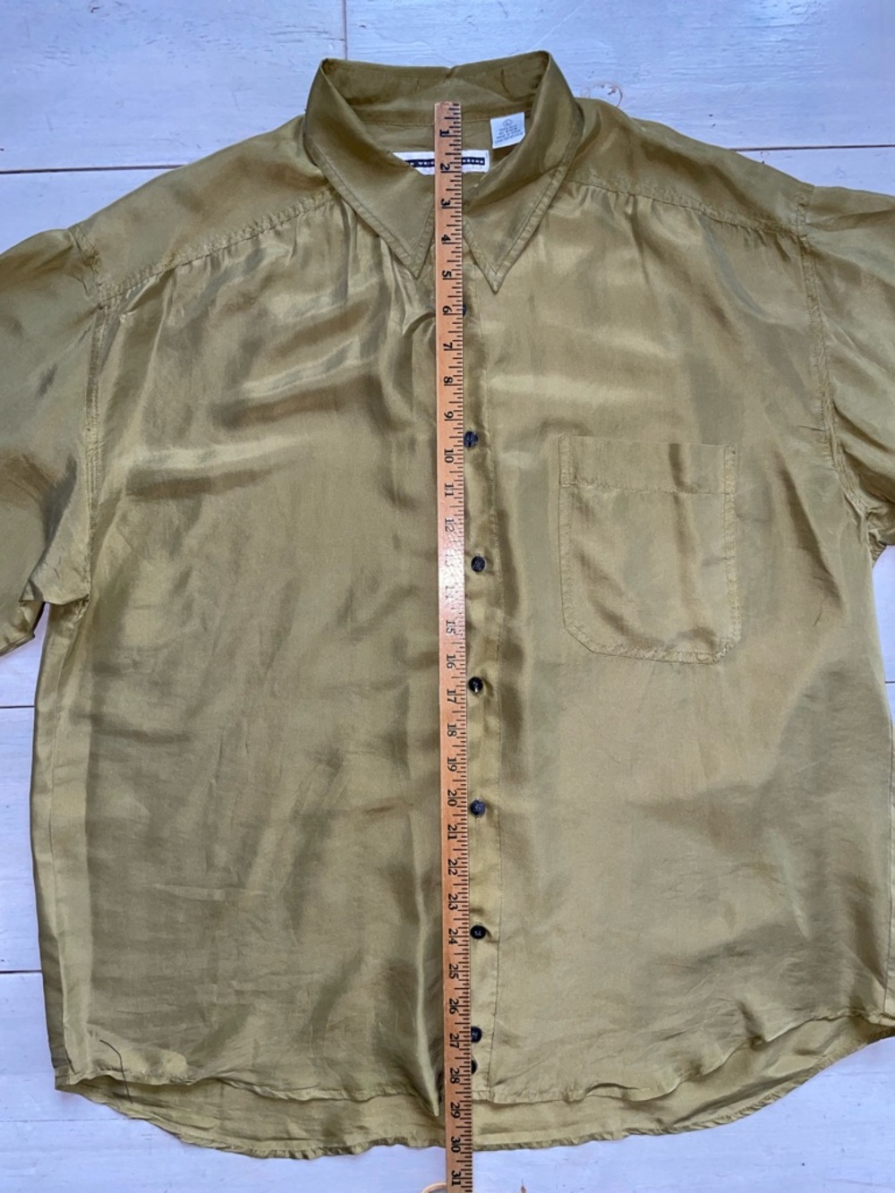 Fenn Wright Manson Men’s 100% Silk Button Down Long Sleeve Shirt L Olive Vtg - Picture 4 of 7